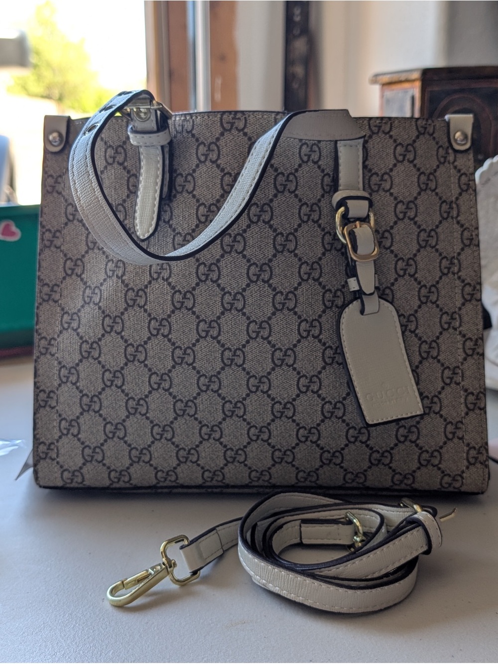 Gucci Beige GG Supreme Tote with White Trim and Gold Hardware